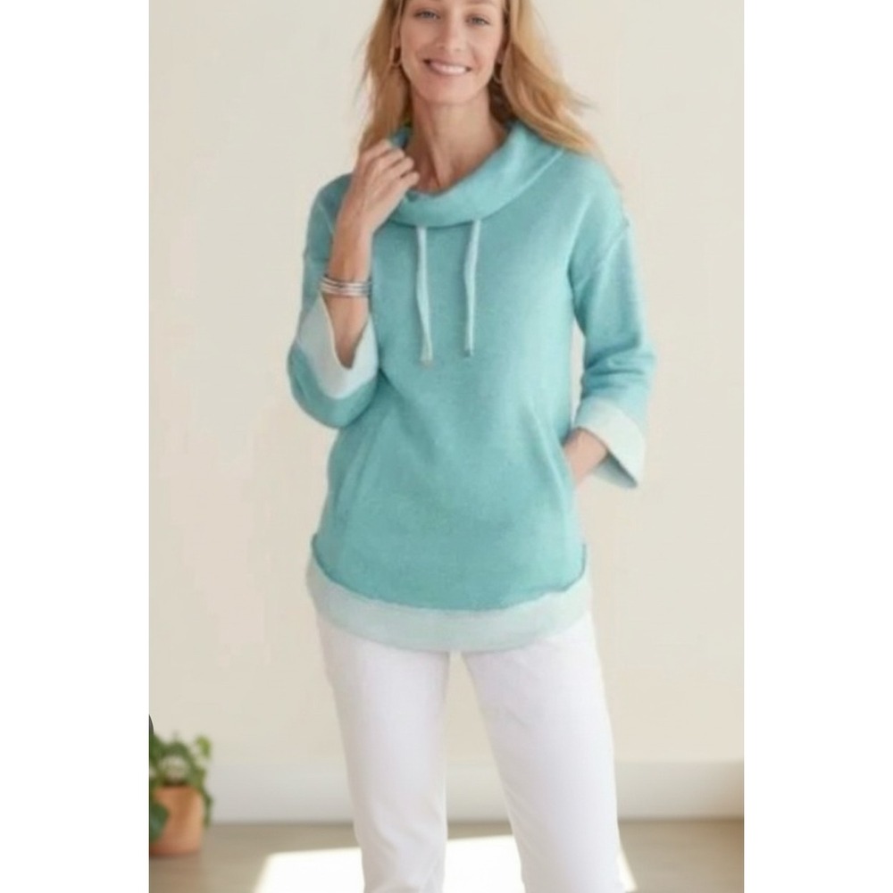 Soft Surroundings Size S NWT‎ Santorini Shores Cowl Neck Sweater Teal Blue Terry